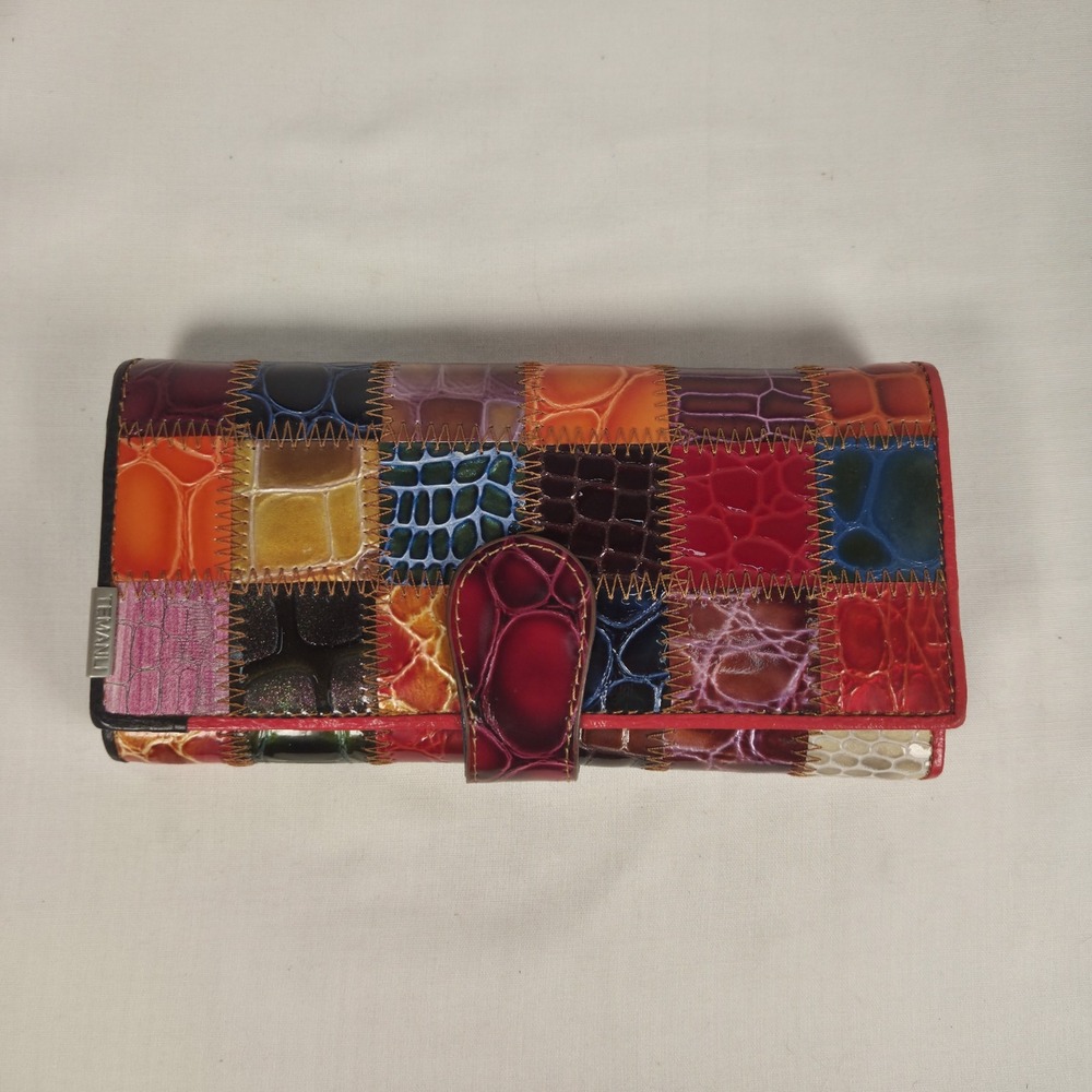 Temanli Patchwork Wallet Genuine Leather Colorful Tri-Fold Clutch Wallet